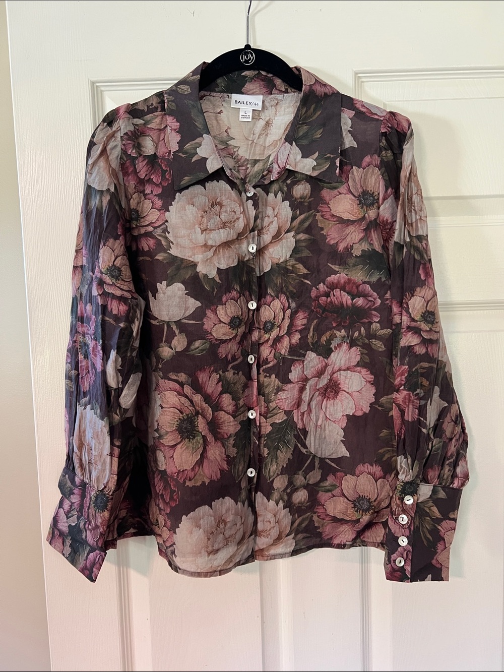 Bailey 44 Dark Floral Sheer Button-Down Blouse with Pink Blooms